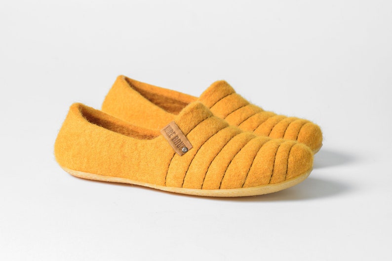 Felted wool BEE Slippers for women with sturdy stitching on surface, Bright Yellow woolen clogs, boiled wool house shoes gift for her image 3