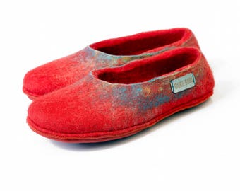 Red Felted Shoes for Her, Warm Woolen Slippers for Her, Boho Housewarming Gift for Women by BureBure