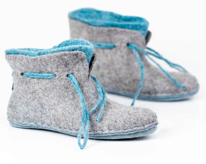 Ready To Ship US 7.5 Women - 38 EU 2 layered blue grey wool ankle boots slippers with laces, Women booties slippers