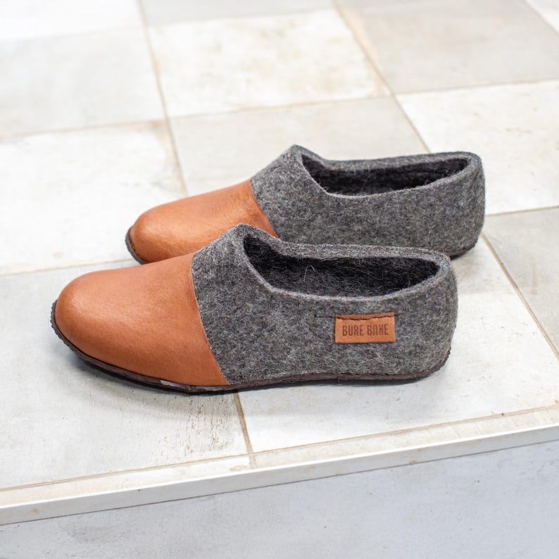 Handmade Felted Wool Slippers for Men: Leather Toe, Rubber Soles image 2