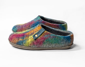 Comfy Felted Wool Slippers for Women - Low-Back Design, Indoor/Outdoor Wear, Handmade with Natural Wool COCOON Rainbow with sturdy stitching