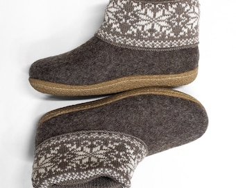 Natural Wool Booties for her, Outwear Slippers with Scandinavian Ornaments Handknitted Warmer with Rubber soles by BureBure