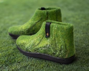 Green Wool Ankle Slippers: Handmade Felted Booties