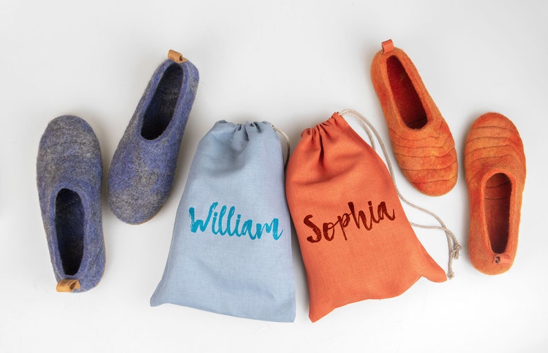 Set of Wool Slippers for Couple in personalised linen bag, weddings gift idea Blue Orange Cocoon