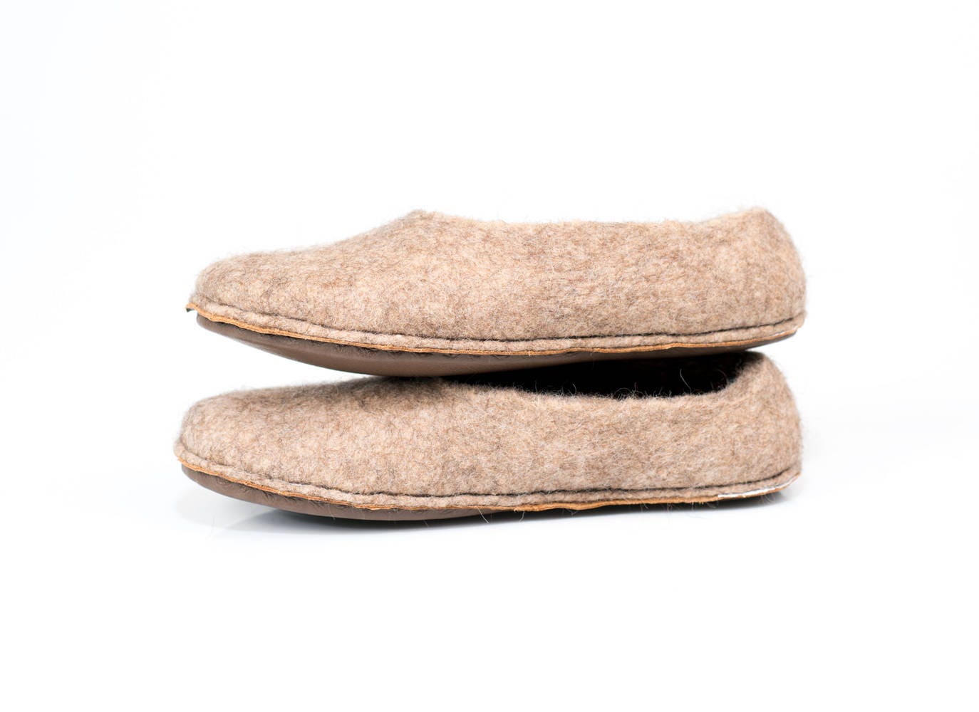 beige women slippers with non slip cork and leather soles felted