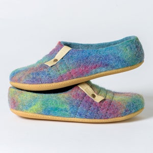 Felted natural wool women slippers Slip on low back slippers Bright Poppy Red Rainbow slippers with soles image 5