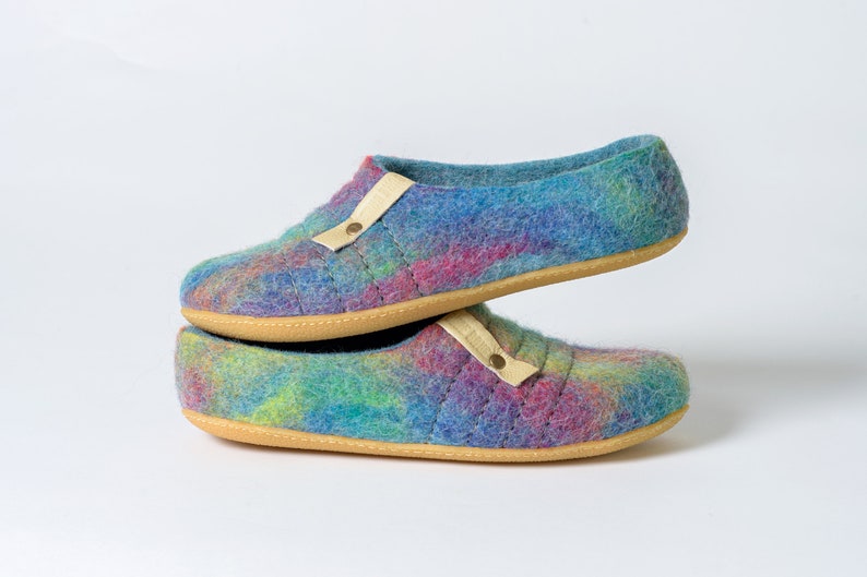 Felted natural wool women slippers Slip on low back slippers Bright Poppy Red Rainbow slippers with soles image 5