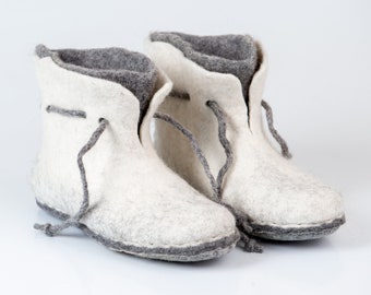 Felted wool women boots slippers with laces, Warm 2 layered boiled wool Ankle booties