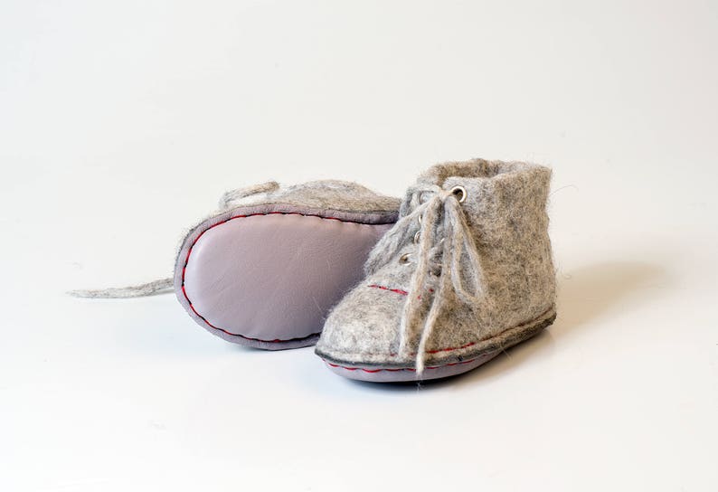 Felted baby booties, Toddler slippers with laces from natural wool, Gray kids booties, Infant slippers, Children slippers, Baby sneakers image 3