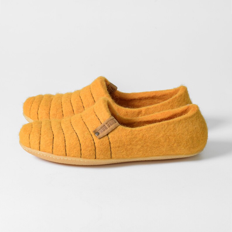 Felted wool BEE Slippers for women with sturdy stitching on surface, Bright Yellow woolen clogs, boiled wool house shoes gift for her image 7