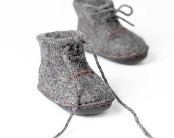 Felted baby booties with laces from natural wool Dark grey Baby shower gift