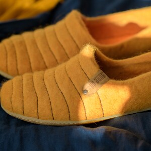 Felted wool BEE Slippers for women with sturdy stitching on surface, Bright Yellow woolen clogs, boiled wool house shoes gift for her image 8