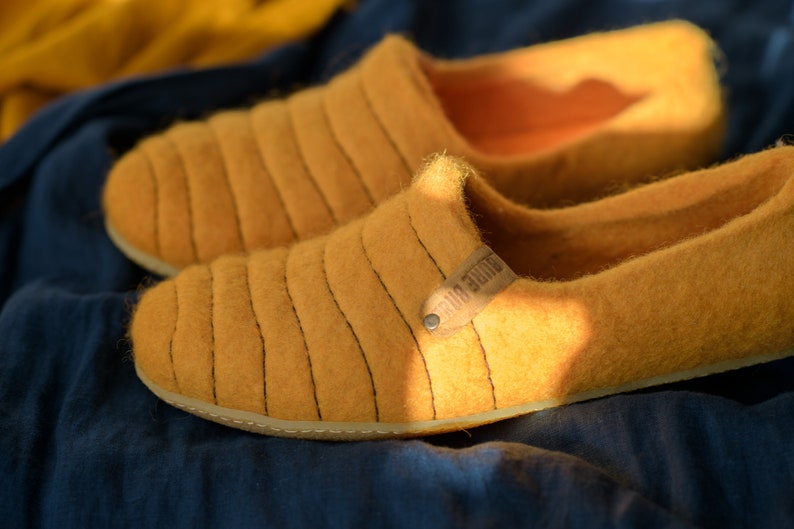 Felted wool BEE Slippers for women with sturdy stitching on surface, Bright Yellow woolen clogs, boiled wool house shoes gift for her image 8