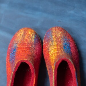Felted natural wool women slippers Slip on low back slippers Bright Poppy Red Rainbow slippers with soles image 9