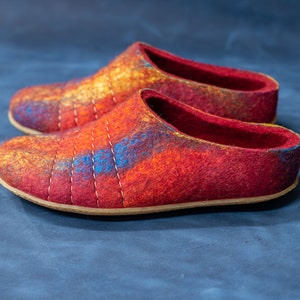 Felted natural wool women slippers Slip on low back slippers Bright Poppy Red Rainbow slippers with soles image 1