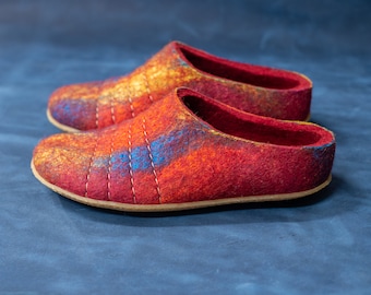 Felted natural wool women slippers - Slip on low back slippers - Bright Poppy Red Rainbow slippers with soles