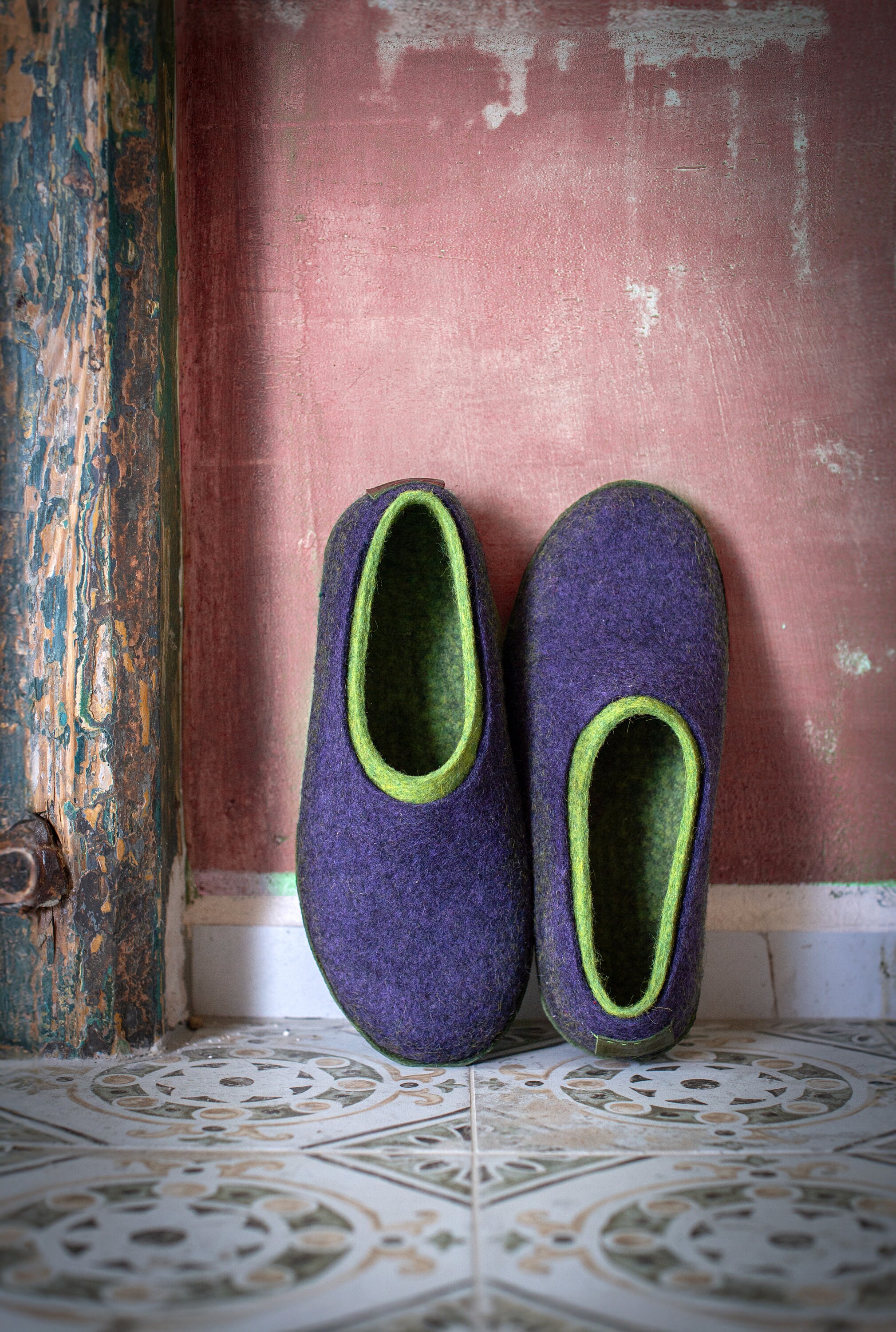 Handmade Gray Felted Wool Slippers For Women - With Neon Green Inner Layer, Cozy Home Shoes
