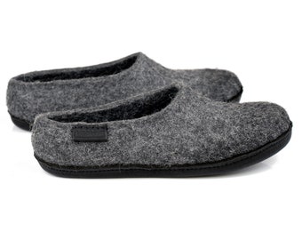 Wool clogs for Men with Dark grey alpaca ombre slippers, Handmade Warm Gift