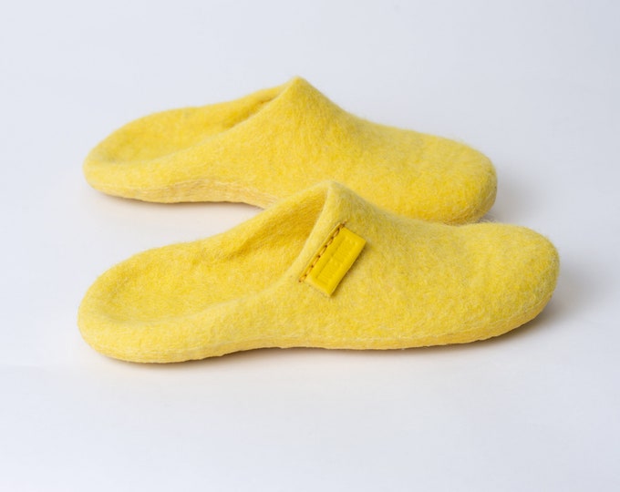 Backless Wool Slippers for Women, Felted Mules, Felted Wool Slip On Slippers, Bright Yellow