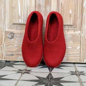 Red women wool slippers, Boiled wool slippers, Bedroom slippers, Hygge housewarming gift for women image 1