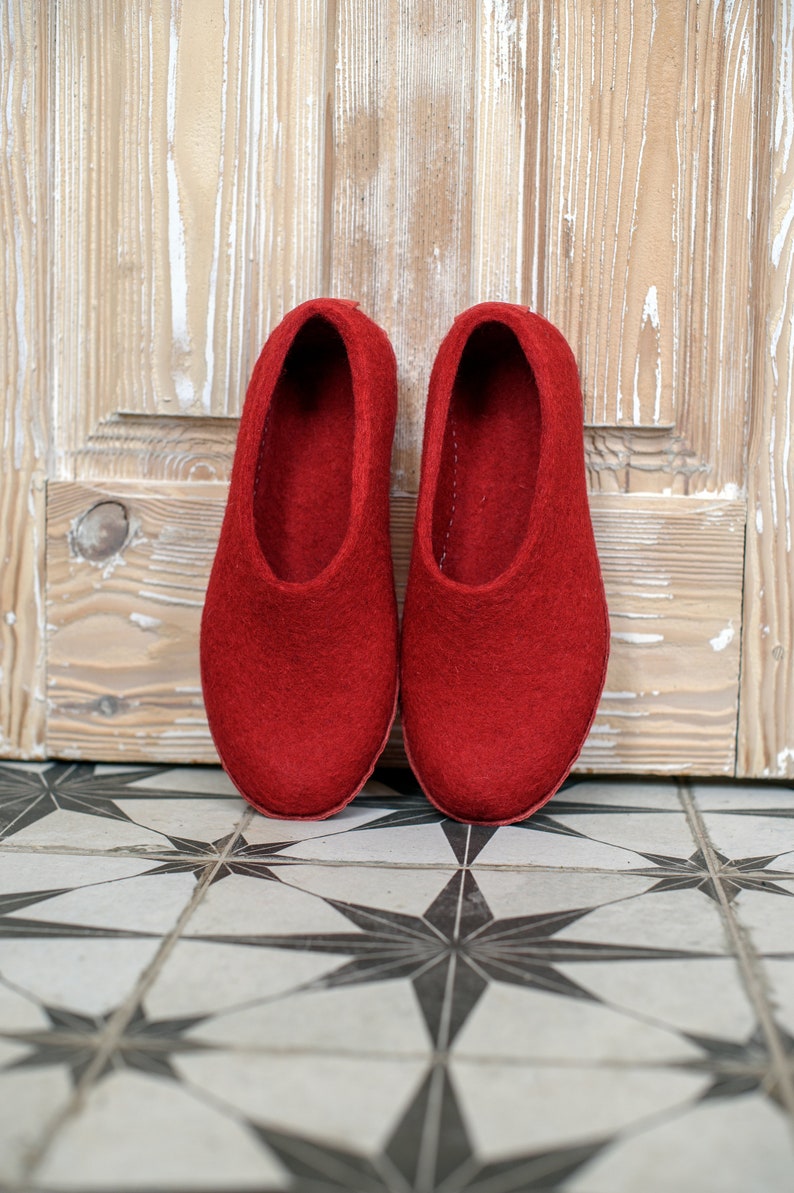 Red women wool slippers, Boiled wool slippers, Bedroom slippers, Hygge housewarming gift for women image 1