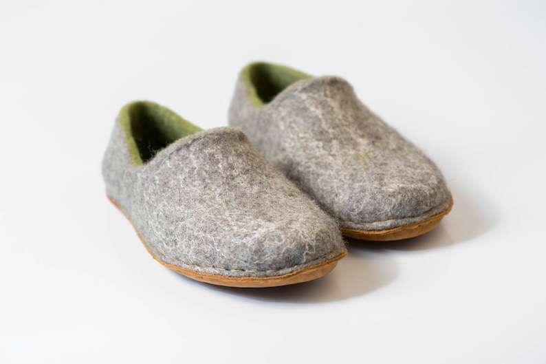 Felted wool slippers for women Gray Green hygge natural felt boiled wool clogs slippers Woodland image 2