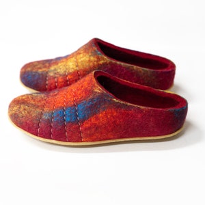 Felted natural wool women slippers Slip on low back slippers Bright Poppy Red Rainbow slippers with soles image 3