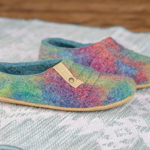 Felted natural wool women slippers Slip on low back slippers Bright Poppy Red Rainbow slippers with soles image 6