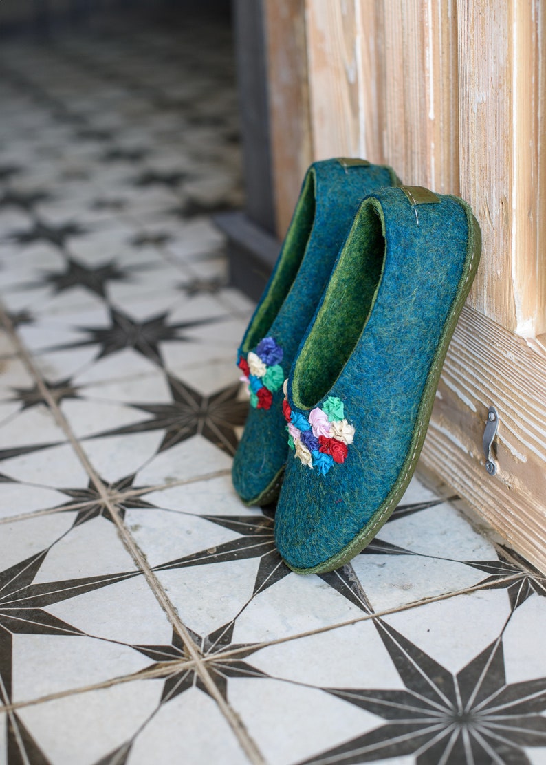 BureBure Natural Felted Wool House Slippers for Women, Embroidered with Indian Silk gift for her image 4