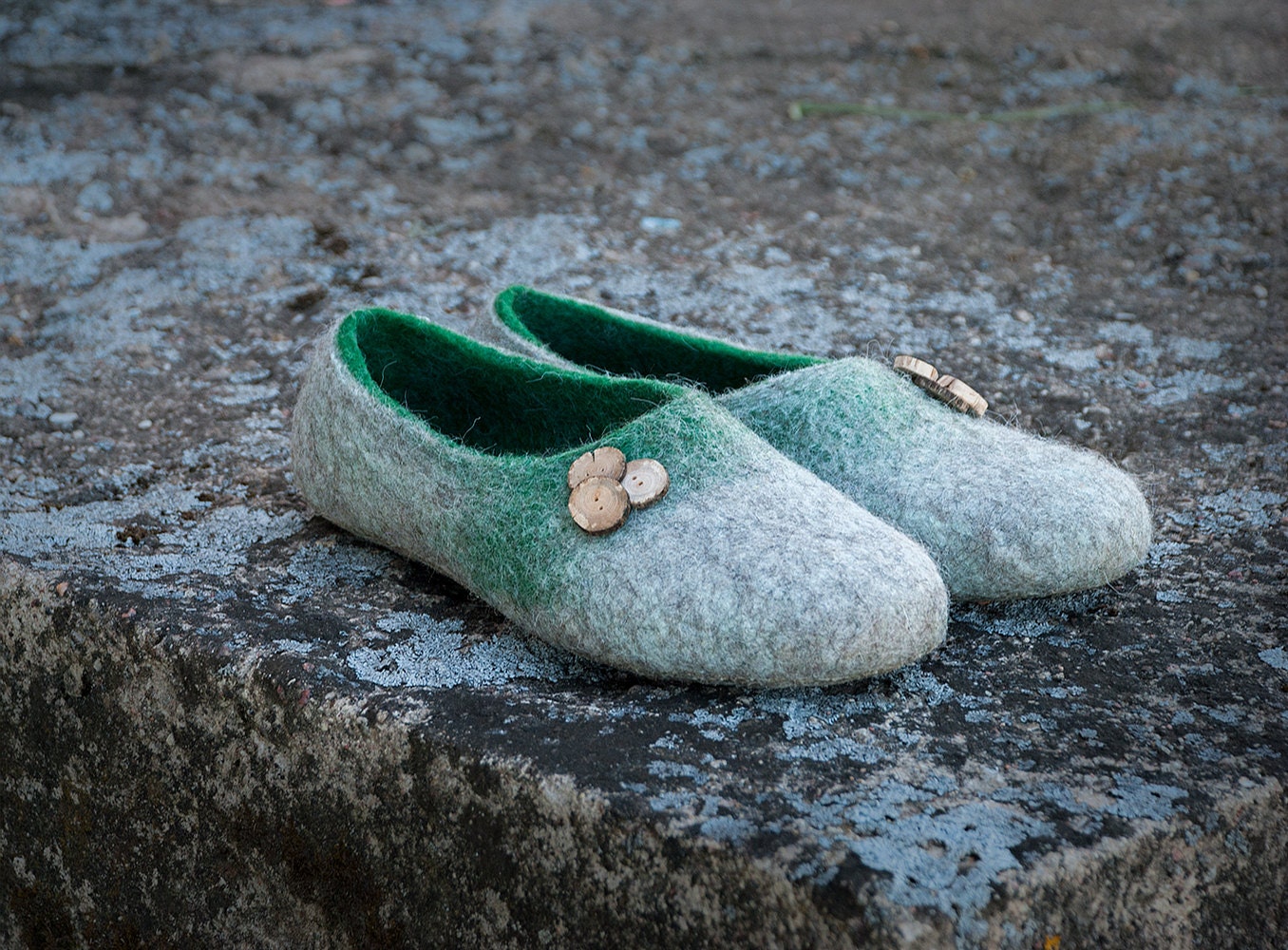 Handmade felted slippers with wooden 