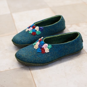 BureBure Natural Felted Wool House Slippers for Women, Embroidered with Indian Silk gift for her image 1