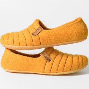 Felted wool BEE Slippers for women with sturdy stitching on surface, Bright Yellow woolen clogs, boiled wool house shoes gift for her image 2