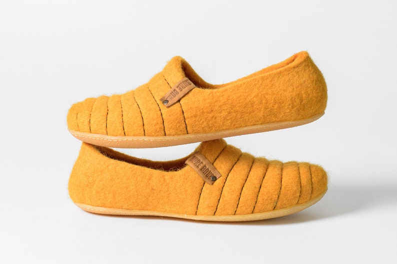 Felted wool BEE Slippers for women with sturdy stitching on surface, Bright Yellow woolen clogs, boiled wool house shoes gift for her image 2