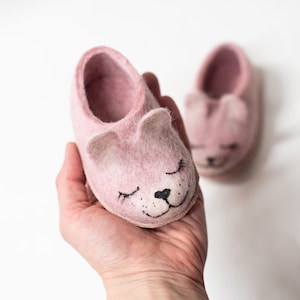 Kids Bunny Wool Slippers: Handmade Felted Shoes with Leather Soles