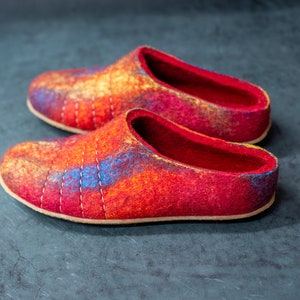 Felted natural wool women slippers Slip on low back slippers Bright Poppy Red Rainbow slippers with soles image 7