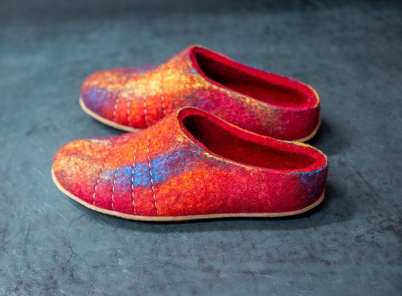 Felted natural wool women slippers Slip on low back slippers Bright Poppy Red Rainbow slippers with soles image 7