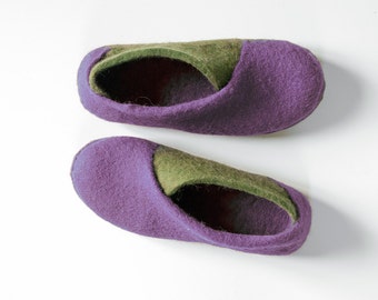 Women Felted Wool Slippers in Lilac & Olive, Comfy and Warm Wool Slippers Handmade in Europe by BureBure