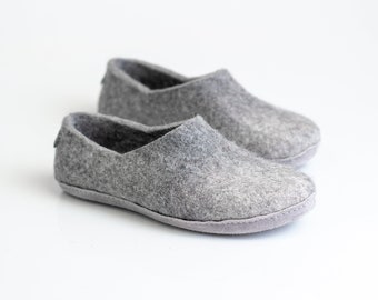 Ready To Ship US 13-EU 46 Men felted wool slippers clogs light grey ombre with Alpaca wool and Leather soles- Fathers day gift, gift for him