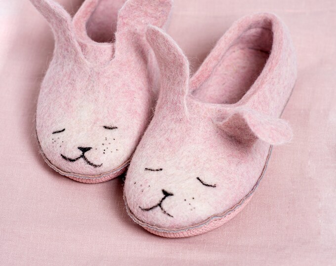 Ready To Ship US 10.5 - EU 41 - UK 8.5 Women felted wool slippers - Honey Bunny - funny gift for her - animal collection