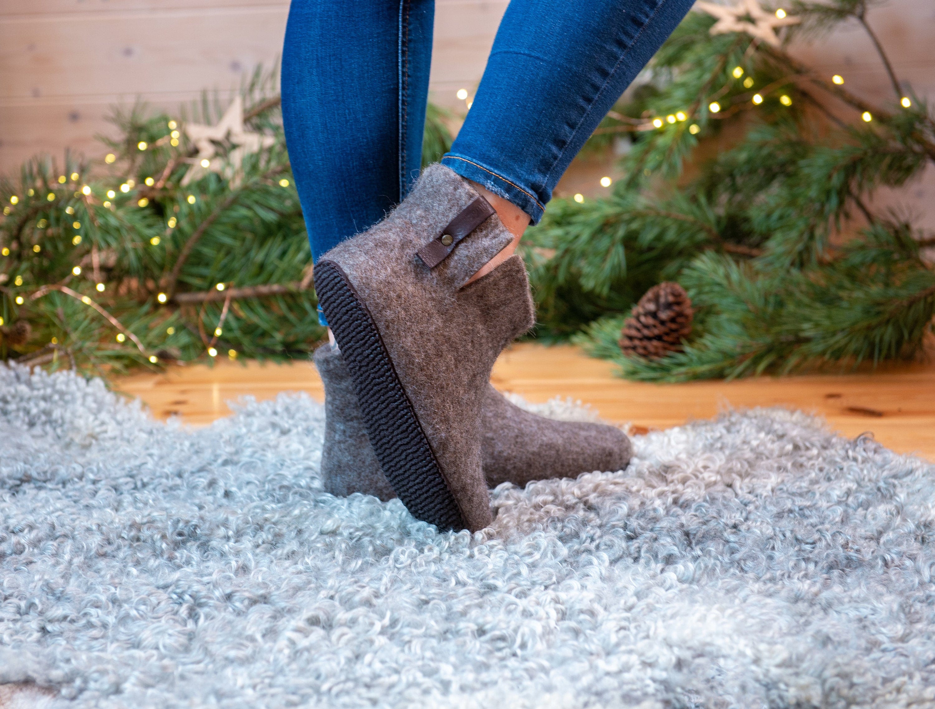 Natural wool ankle boots slippers Grey Brown, Woolen Booties with short side cut on each side 