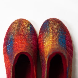 Felted natural wool women slippers Slip on low back slippers Bright Poppy Red Rainbow slippers with soles image 2
