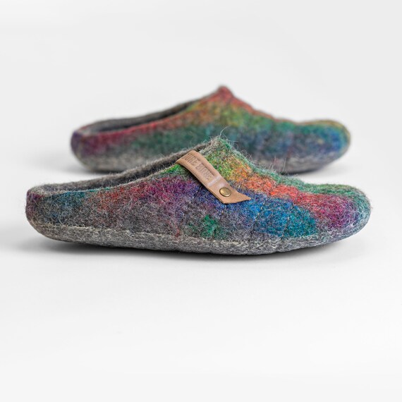 NEW felted natural wool slippers COCOON Easy slip on Rainbow with sturdy stitching on surface