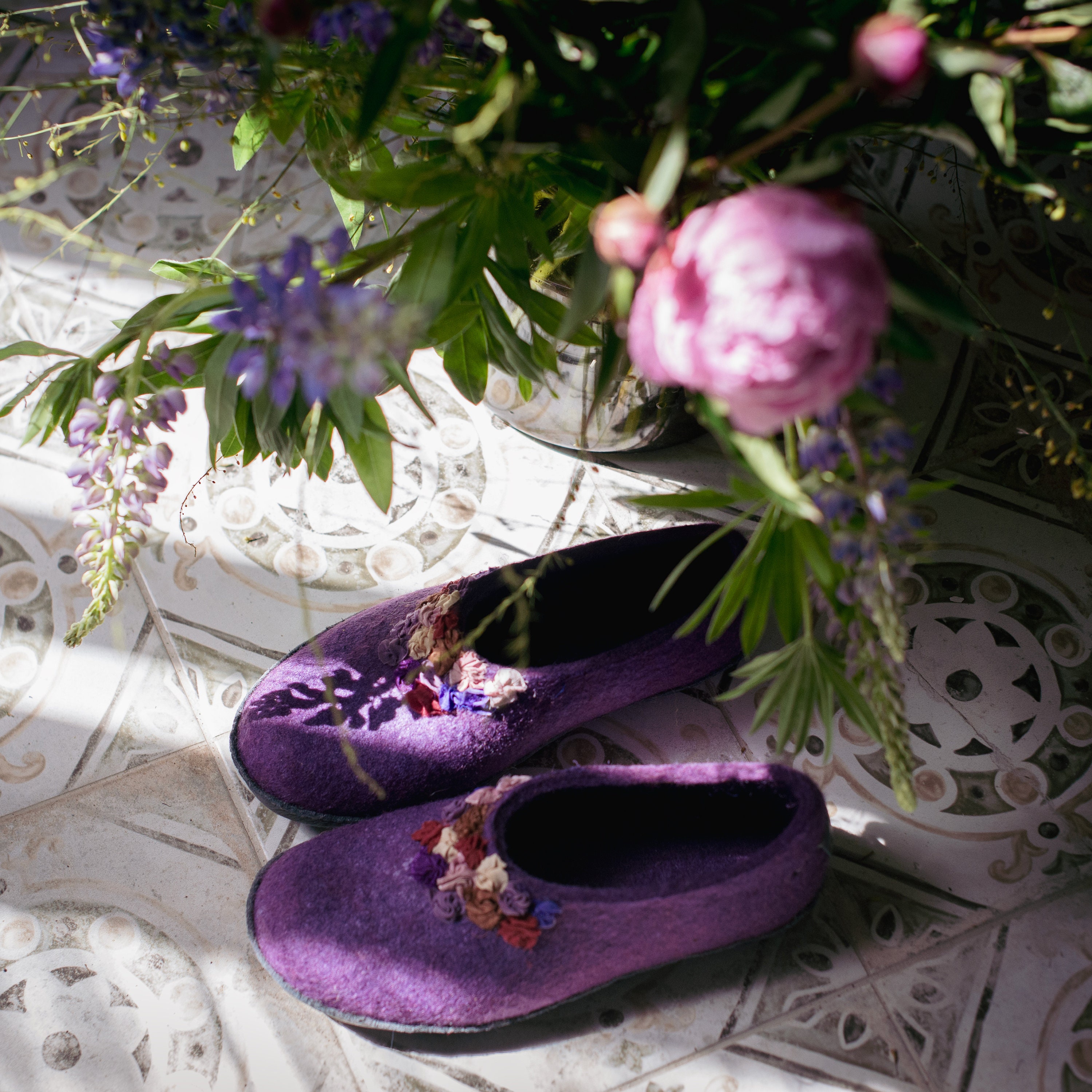 2in1 Lavender/Dark Pink | Felted Wool House Slippers For Women