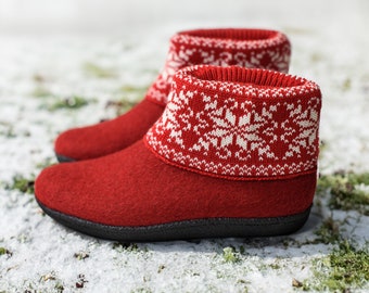 Natural Wool Booties for her, Outwear Slippers with Scandinavian Ornaments Handknitted Warmer with Rubber soles by BureBure