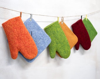 Handmade Felted Wool Oven Mitt and Pot Holder Set