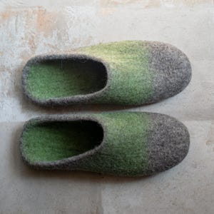 May include: A pair of green and gray felt slippers. The slippers have a rounded toe and a low-cut opening for the foot. The color gradient transitions from green to gray. The slippers are made of a soft, textured material.