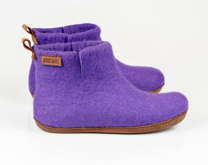 Purple WOOBOOT warm wool ankle boots slippers with leather pull loop & short side cut