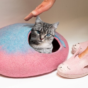 Felted wool pet home from pink and blue felted wool, Pet furniture, Cat cave, Pet cave, Pet accessories, Bure Bure image 1