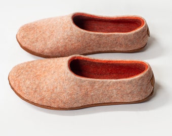 Alpaca wool felted women slippers with orange inner layer, Hygge gift, Women flat slippers, Warm home shoes