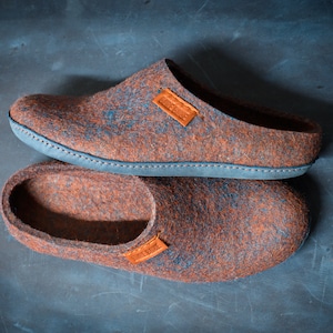 Felted Wool Low Back Men&#39;s Slippers - Low Heel Easy Slip On Slippers - Multiple Colors, Indoor Outdoor Sole - Fathers day gift, gift for him